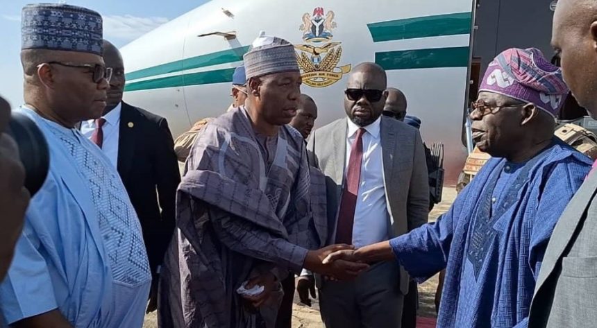 President Ahmed Bola Tinubu has arrived in Maiduguri to express condolences to the government and people of Borno State following the devastating Alau Dam flood.